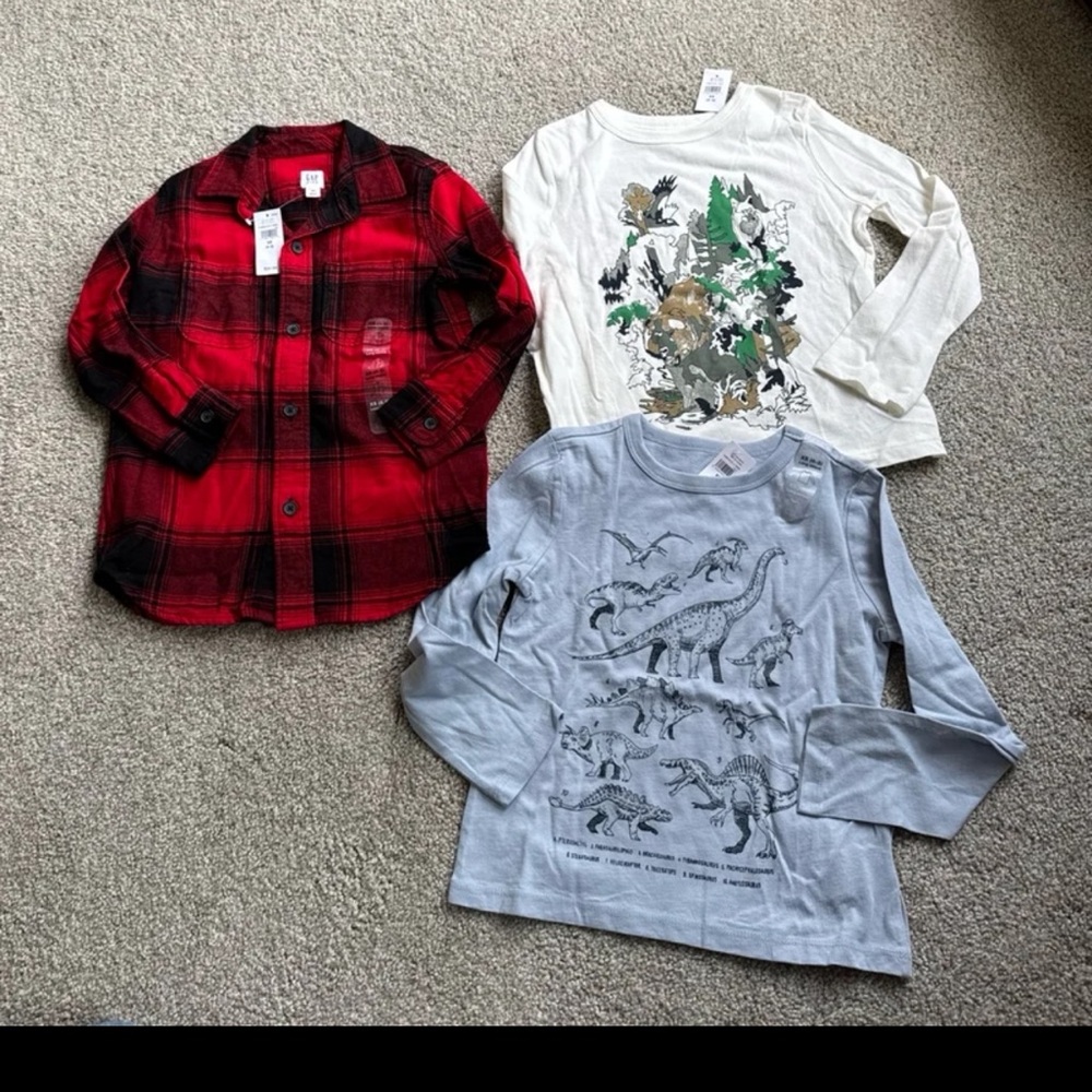 NWT GAP Sz.XS (4-5)Flannel Button Shirt & 2 Graphic Long Sleeve Tees. Great gift